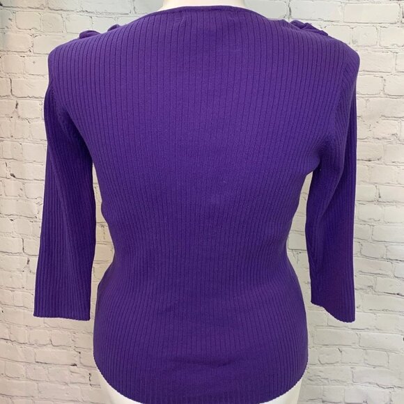 PURPLE RUFFLE FRONT RIBBED AUGUST SILK SWEATER - LARGE - Picture 3 of 4